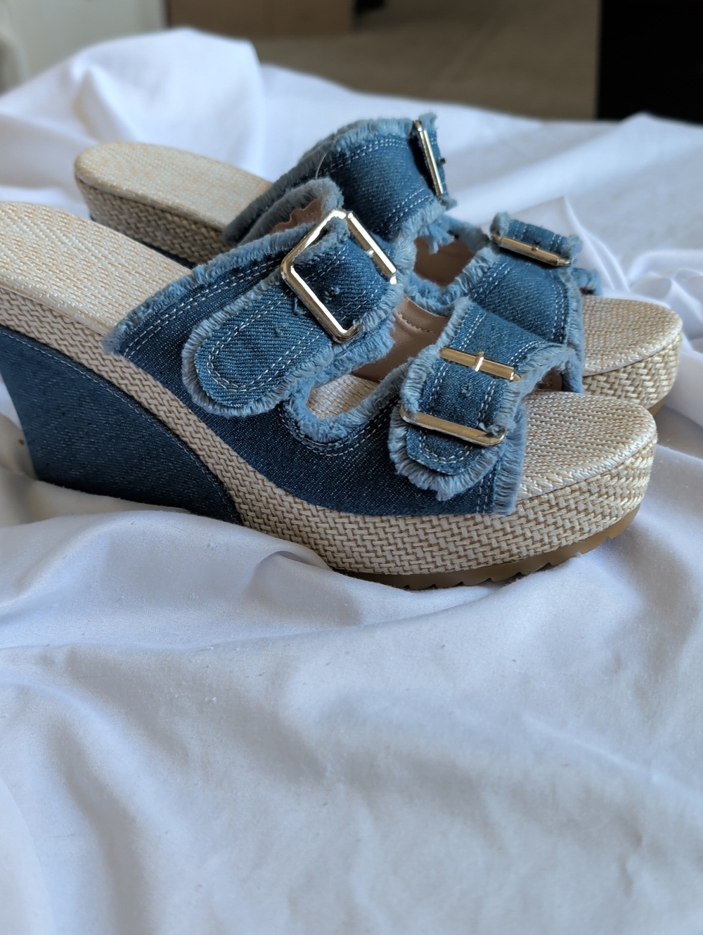 Denim Blue Wedge Sandals with Buckle Straps